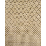 Large rectangular rug in a large-scale diamond pattern that transitions to a smaller-scale diamond pattern in black lines on a tan field.