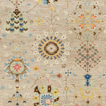 detail of charms rug with bright multi color floral filigree designs on a beige ground