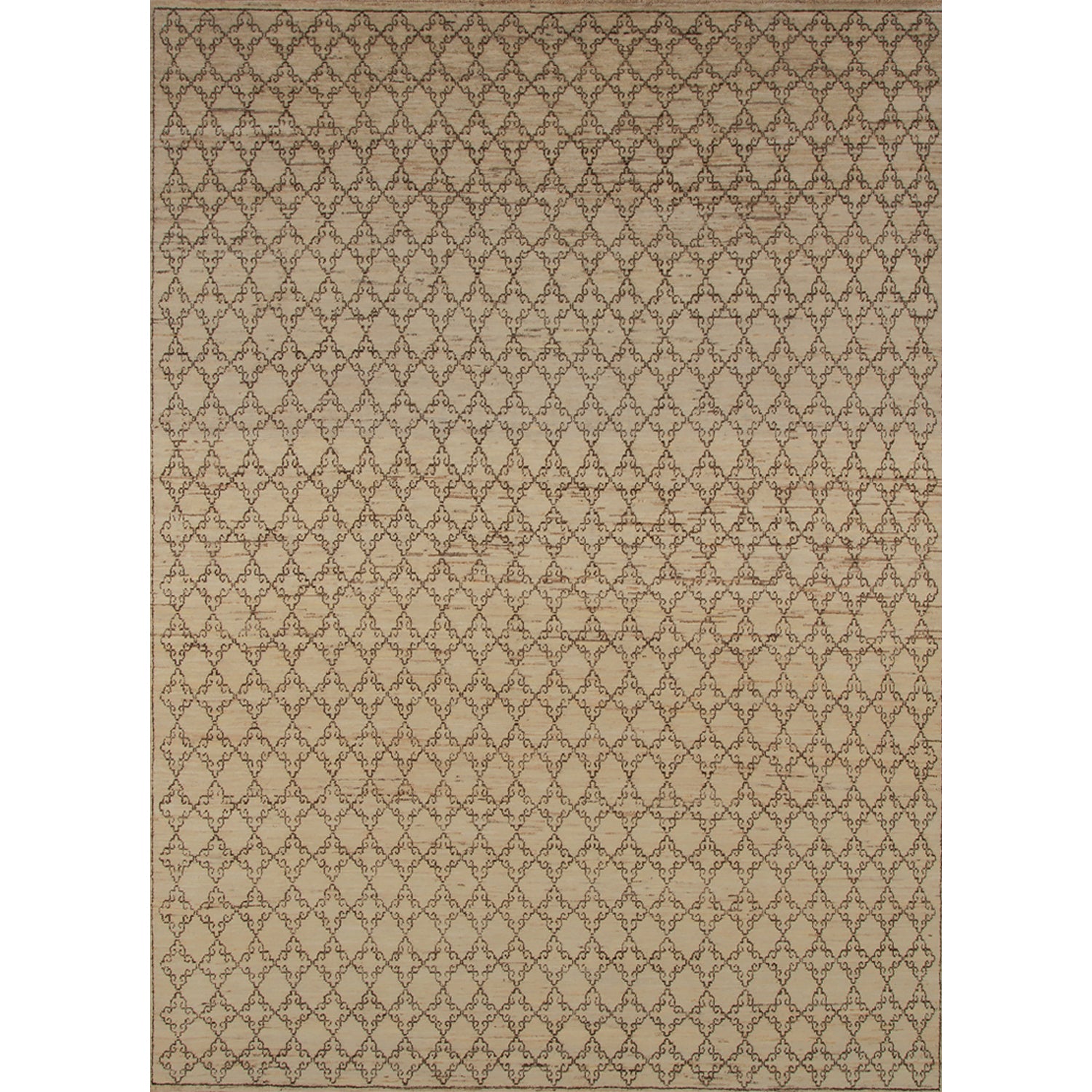 Large rectangular rug in a small-scale diamond filigree pattern in black on a tan field.