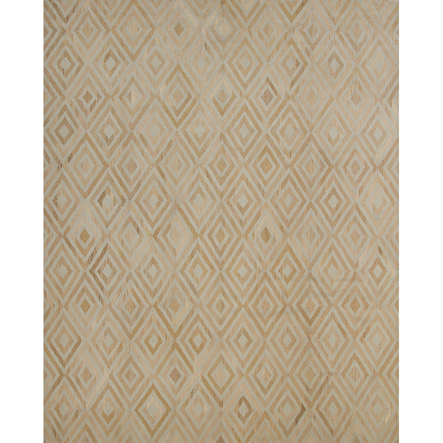 Large rectangular rug in an interlocking diamond pattern in white on a mottled cream field.