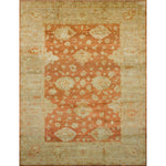 Large rectangular rug with a minimalist floral pattern in tan on a red field, with a tan border of linear florals in red.