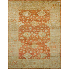 Large rectangular rug with a minimalist floral pattern in tan on a red field, with a tan border of linear florals in red.