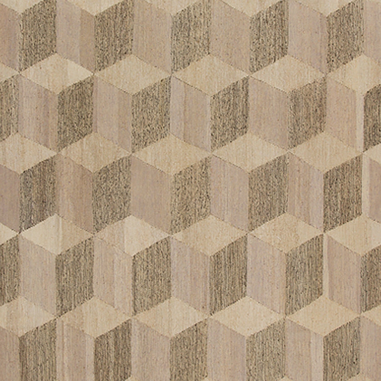 Woven rug swatch in a repeating Escher-inspired dimensional square pattern in shades of tan and brown.