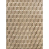 Large rectangular rug in a repeating Escher-inspired dimensional square pattern in shades of tan and brown.