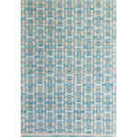 Large rectangular rug with an interlocking linear "gate" pattern in shades of white and gray on a sky-blue field.