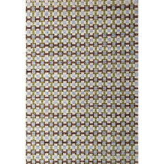 Large rectangular rug in a small-scale grid pattern featuring squares of cream, blue, green and brown.