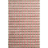 Large rectangular rug in a small-scale grid pattern featuring squares of white, pink, tan and brown.