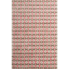 Large rectangular rug in a small-scale grid pattern featuring squares of white, pink, tan and brown.