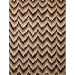Large rectangular rug in an Ikat chevron pattern in shades of cream, tan, brown and black.