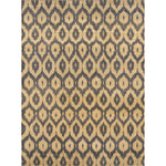 Rectangular area rug with a grey and beige ikat diamond motif.