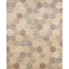 Rectangular rug in an interlocking circles pattern in shades of cream, tan and gray.