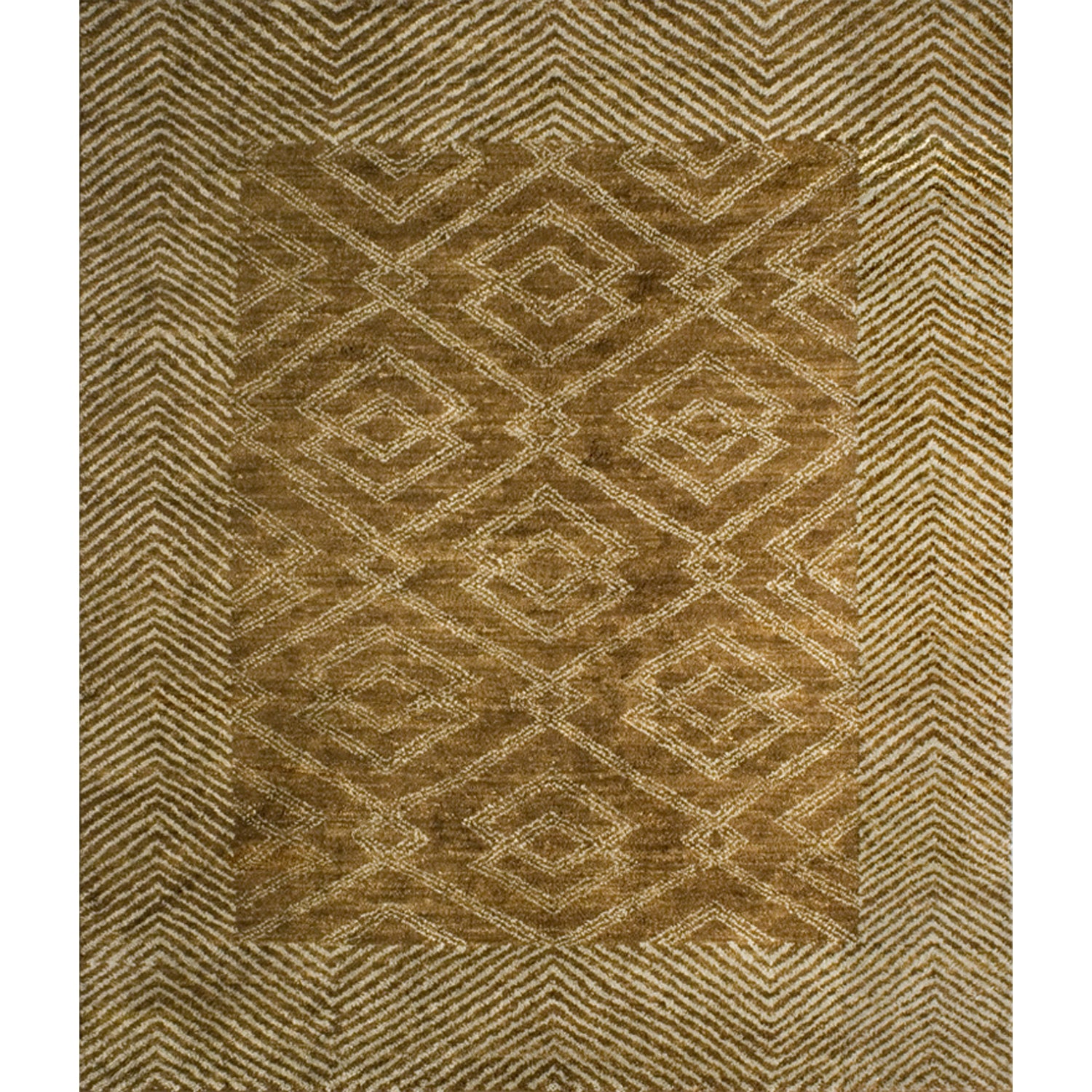 Rectangular high-pile rug in an interlocking diamond pattern with a dense stripe border. Pattern is white on a tan field.