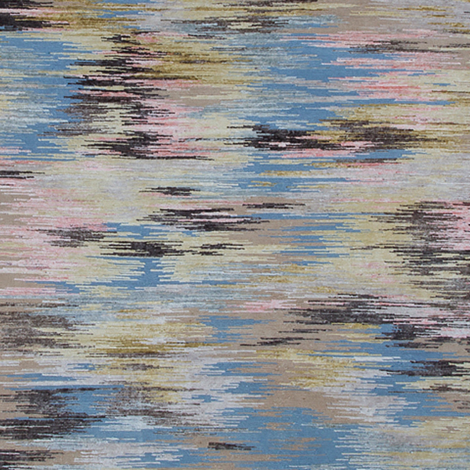 Detail of a woven rug in an abtract stripe pattern reminiscent of a Lily Pond in shades of blue, pink, green and gray.