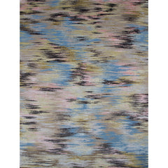 Rectangular woven rug in an abtract stripe pattern reminiscent of a Lily Pond in shades of blue, pink, green and gray.