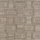 Woven rug swatch in a basket-weave pattern of alternating horizontal and vertical stripes in brown on a cream field.