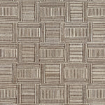 Woven rug swatch in a basket-weave pattern of alternating horizontal and vertical stripes in brown on a cream field.