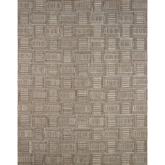 Rectangular rug in a basket-weave pattern of alternating horizontal and vertical stripes in brown on a cream field.