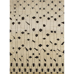 Rectangular high-pile woven rug in an abstract "lantern" line pattern in black on a tan field.