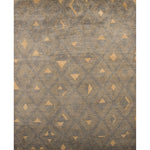 Woven high-pile rectangular rug in an abstract pattern of graduating diamond shapes in tan on a gray field.