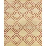 Rectangular woven high-pile rug in a large-scale interlocking diamond pattern in red on a cream field.