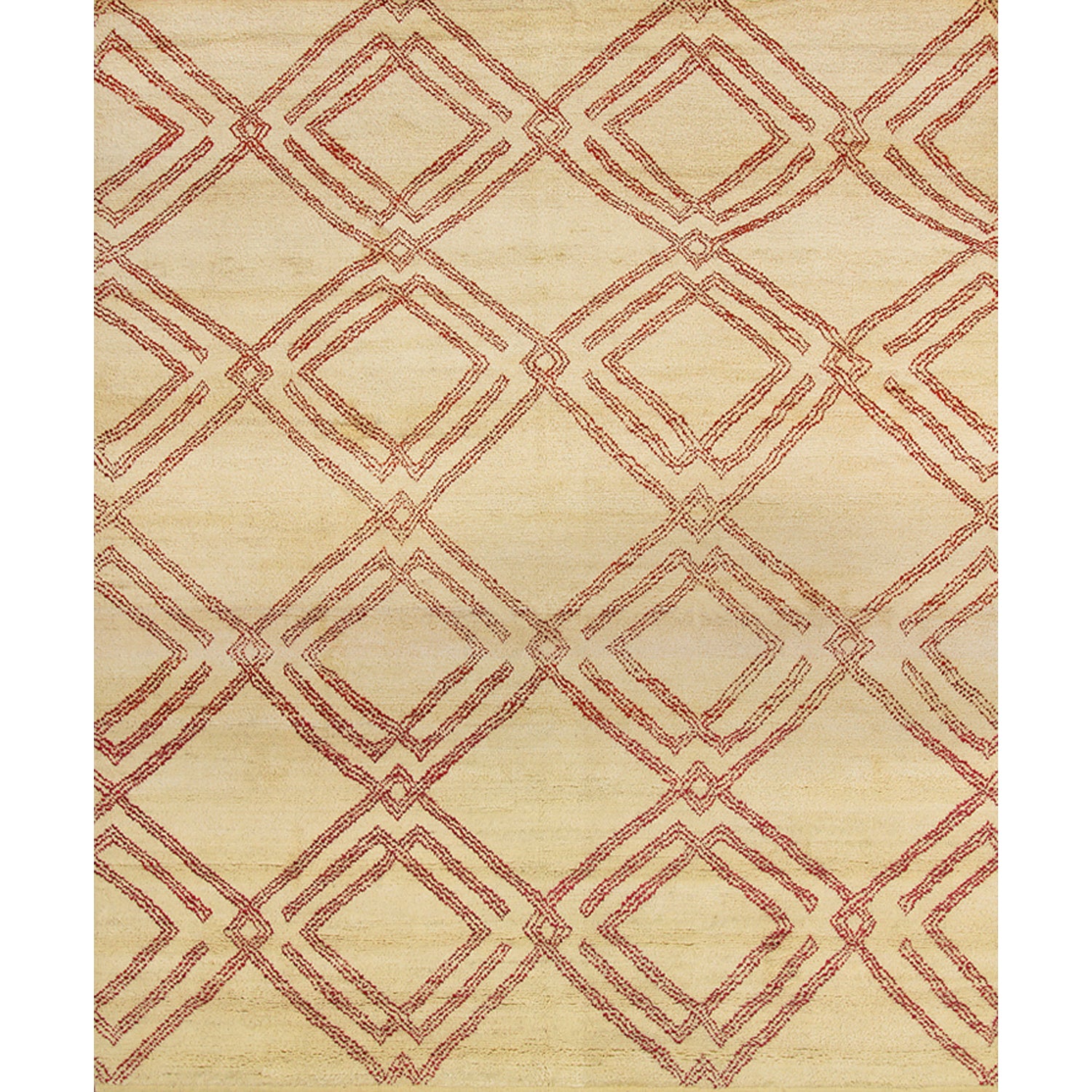 Rectangular woven high-pile rug in a large-scale interlocking diamond pattern in red on a cream field.
