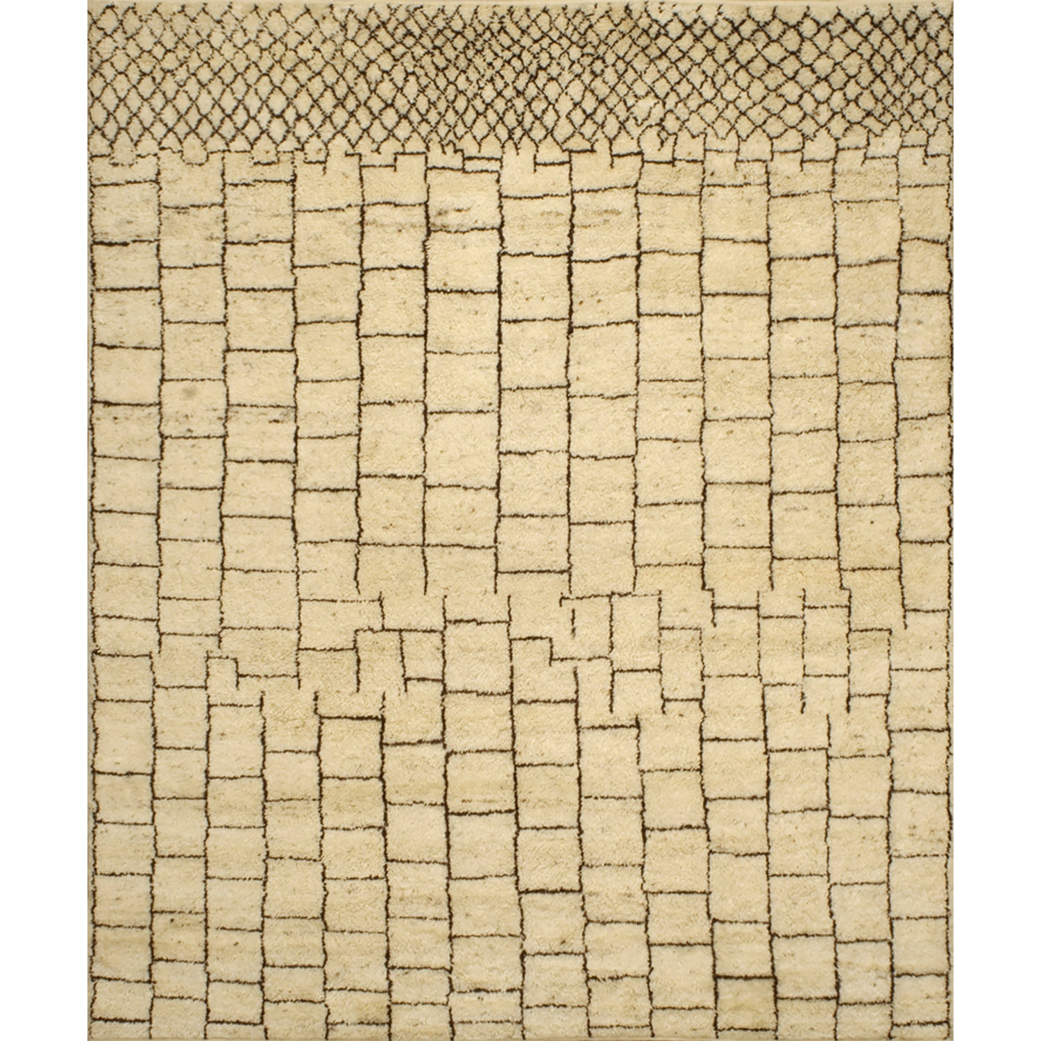 Rectangular woven high-pile rug in an ombre pattern of repeating squares that turn into dense diamonds in black on a tan field.