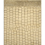 Rectangular woven high-pile rug in an ombre pattern of repeating squares that turn into dense diamonds in black on a tan field.