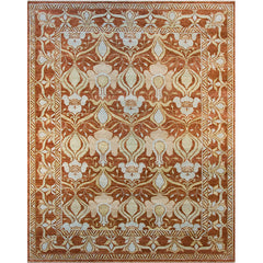 Rectangular rug in a repeating floral pattern with a dense floral border in shades of light orange and tan on a red field.