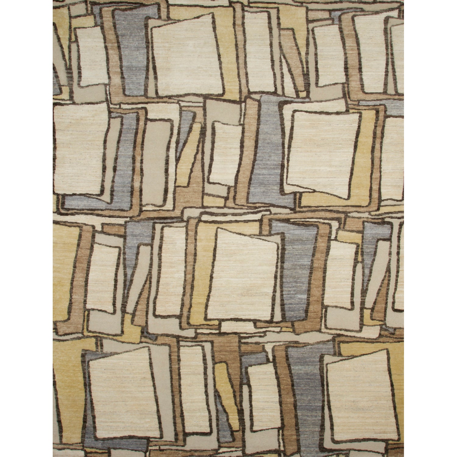 Rectangular rug in an overlapping hand-drawn rectangle pattern in shades of cream, gray, tan and brown.