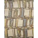 Rectangular rug in an overlapping hand-drawn rectangle pattern in shades of cream, gray, tan and brown.