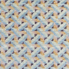 Woven high-pile rug swatch in a dense interlocking prism pattern in shades of blue, pink, purple and gold
