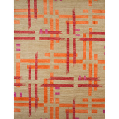 Rectangular rug with an abstract pattern of bright-colored ribbons in shades of pink and orange on a tan field.