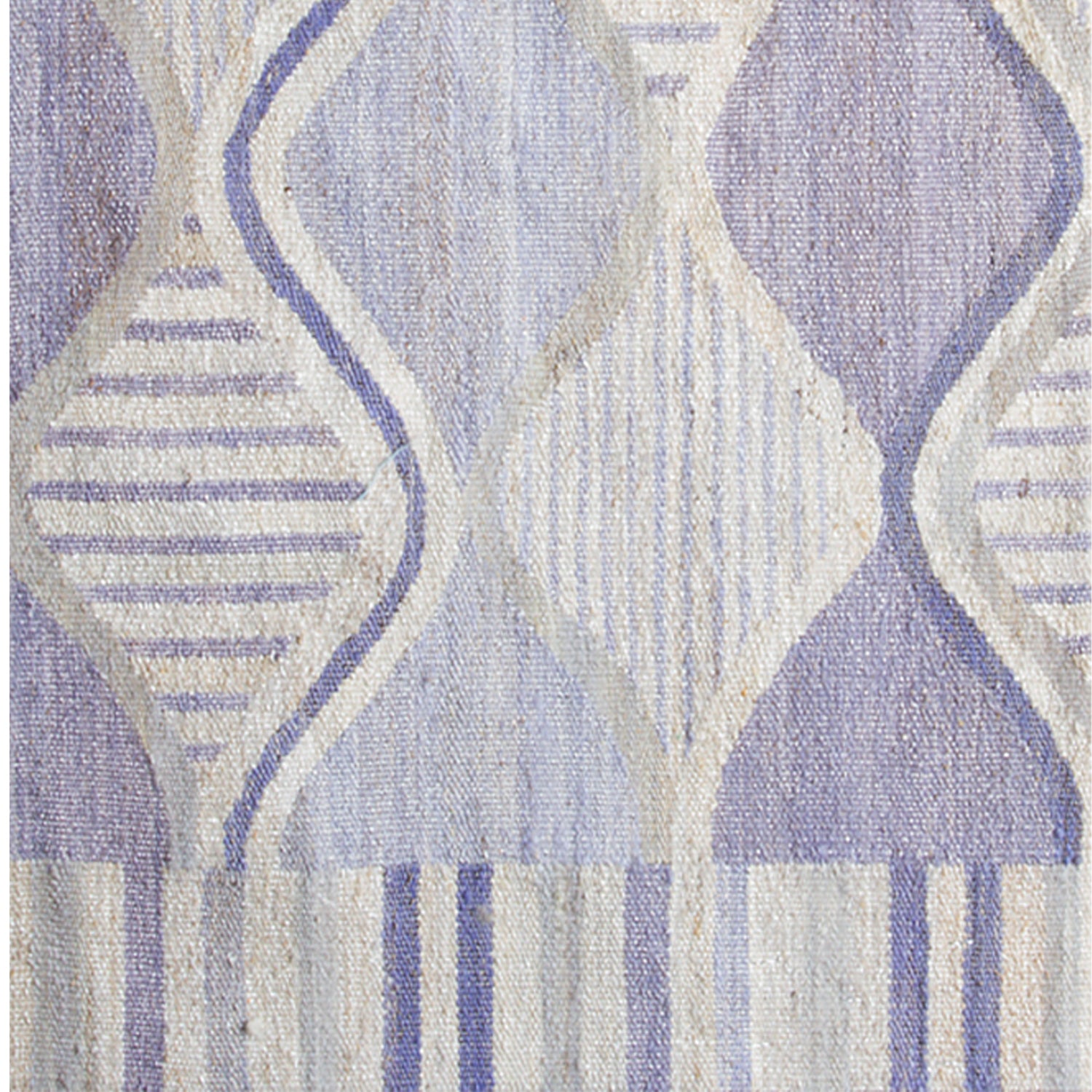 Woven rug swatch with an abstract curvolinear pattern and striped borders in shades of purple and cream.