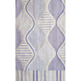 Rectangular rug with an abstract curvolinear pattern and striped borders in shades of purple and cream.