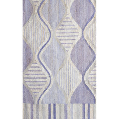 Rectangular rug with an abstract curvolinear pattern and striped borders in shades of purple and cream.