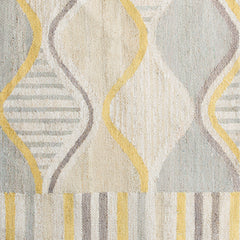 Woven rug swatch with an abstract curvolinear pattern and striped borders in shades of yellow, cream and gray.