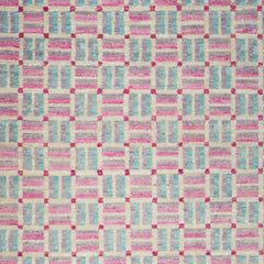Woven high-pile rug swatch in a small-scale square crosshatch design in shades of pink, blue and cream.