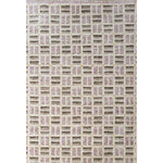 Rectangular high-pile rug in a small-scale square crosshatch design in shades of purple, olive, brown and cream.