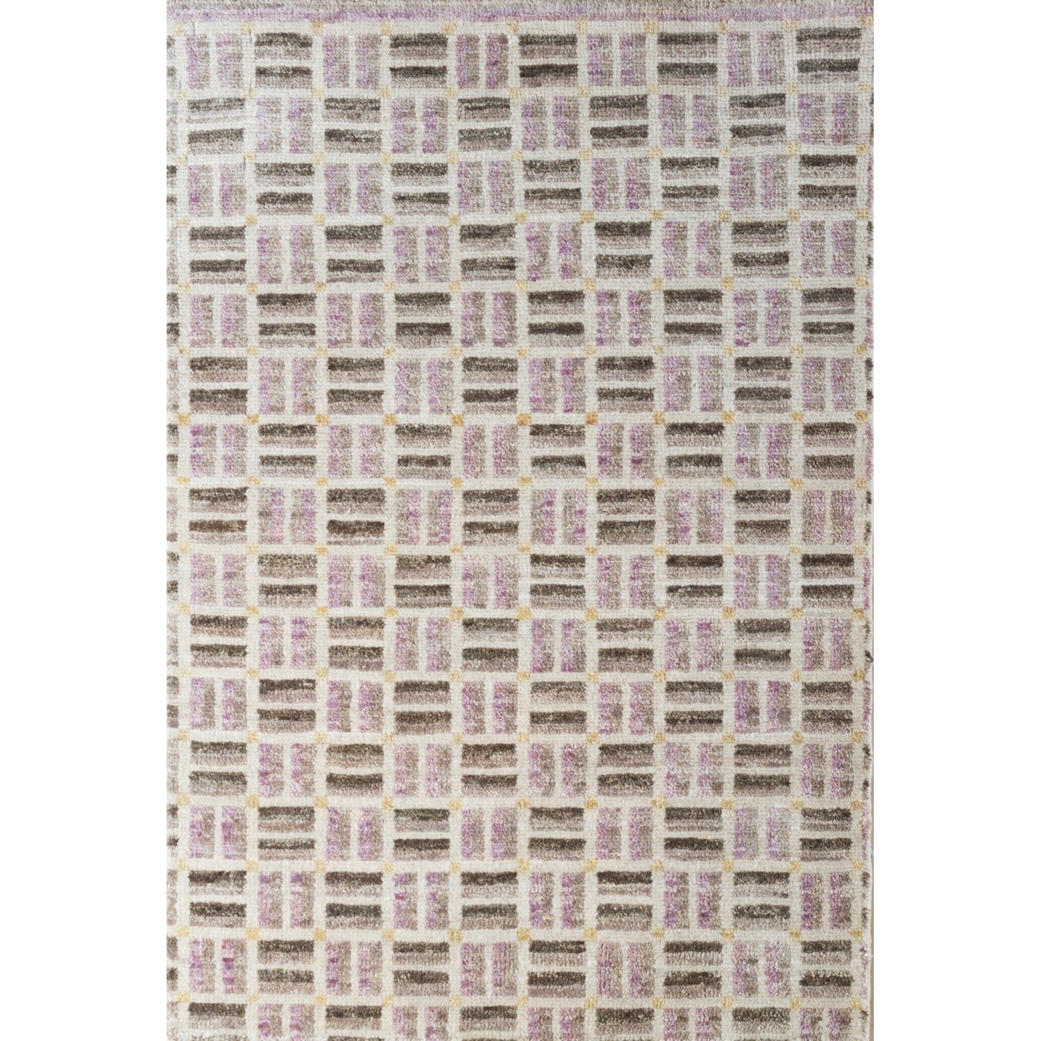 Rectangular high-pile rug in a small-scale square crosshatch design in shades of purple, olive, brown and cream.