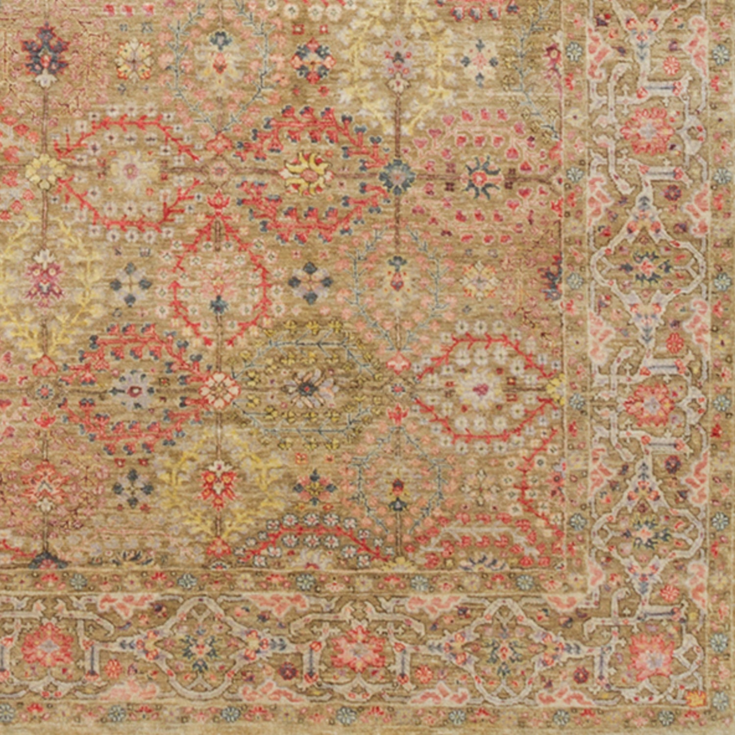 Woven rug swatch in a dense floral print with a floral paisley border in shades of pink, red, yellow and green on a tan field.