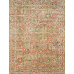 Rectangular rug in a dense floral print with a floral paisley border in shades of pink, red, yellow and green on a tan field.