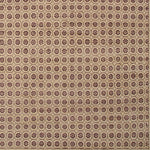 Woven rug swatch in a dense repeating floral honeycomb pattern in purple on a tan field.