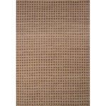 Rectangular rug in a dense repeating floral honeycomb pattern in purple on a tan field.