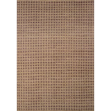 Rectangular rug in a dense repeating floral honeycomb pattern in purple on a tan field.