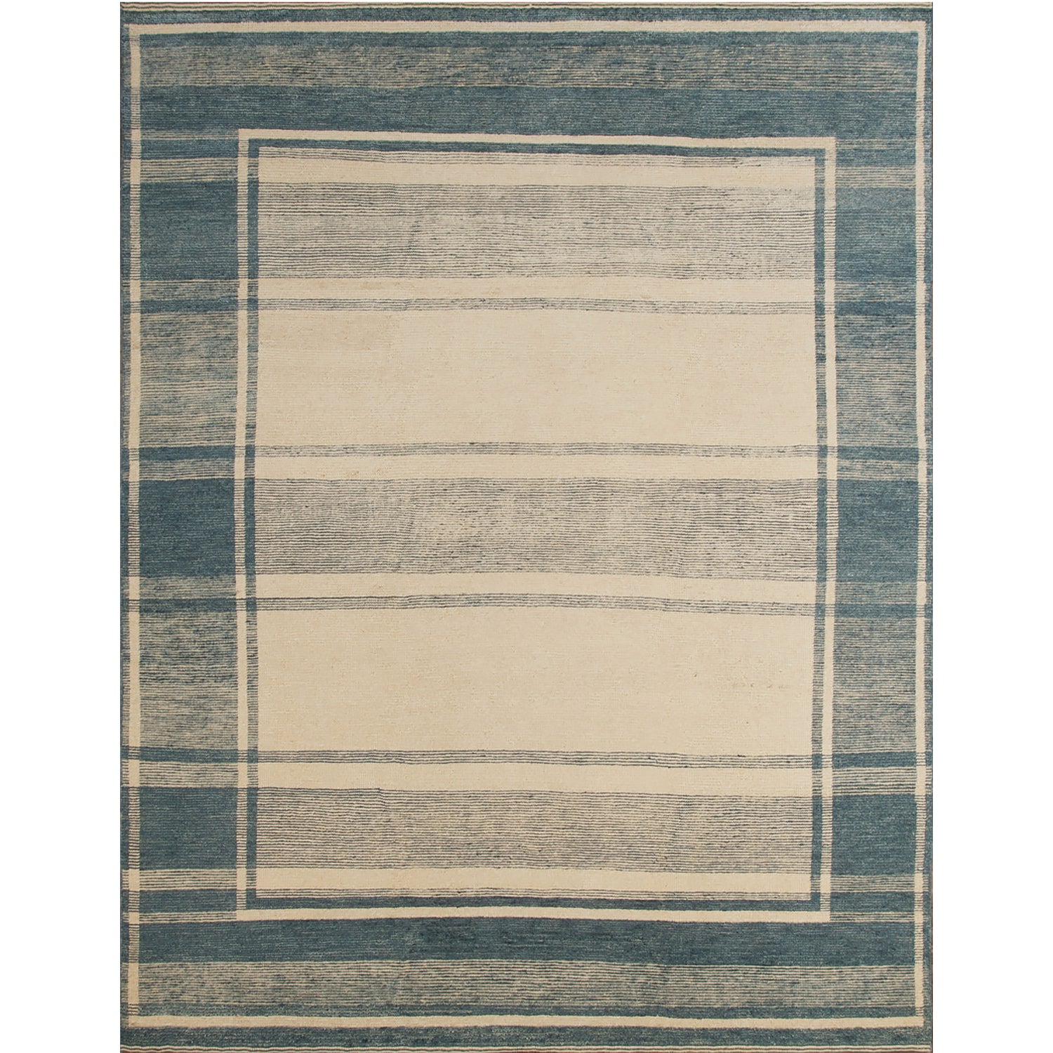 Rectangular rug in a plaid woodgrain pattern in blue-gray on a tan field.