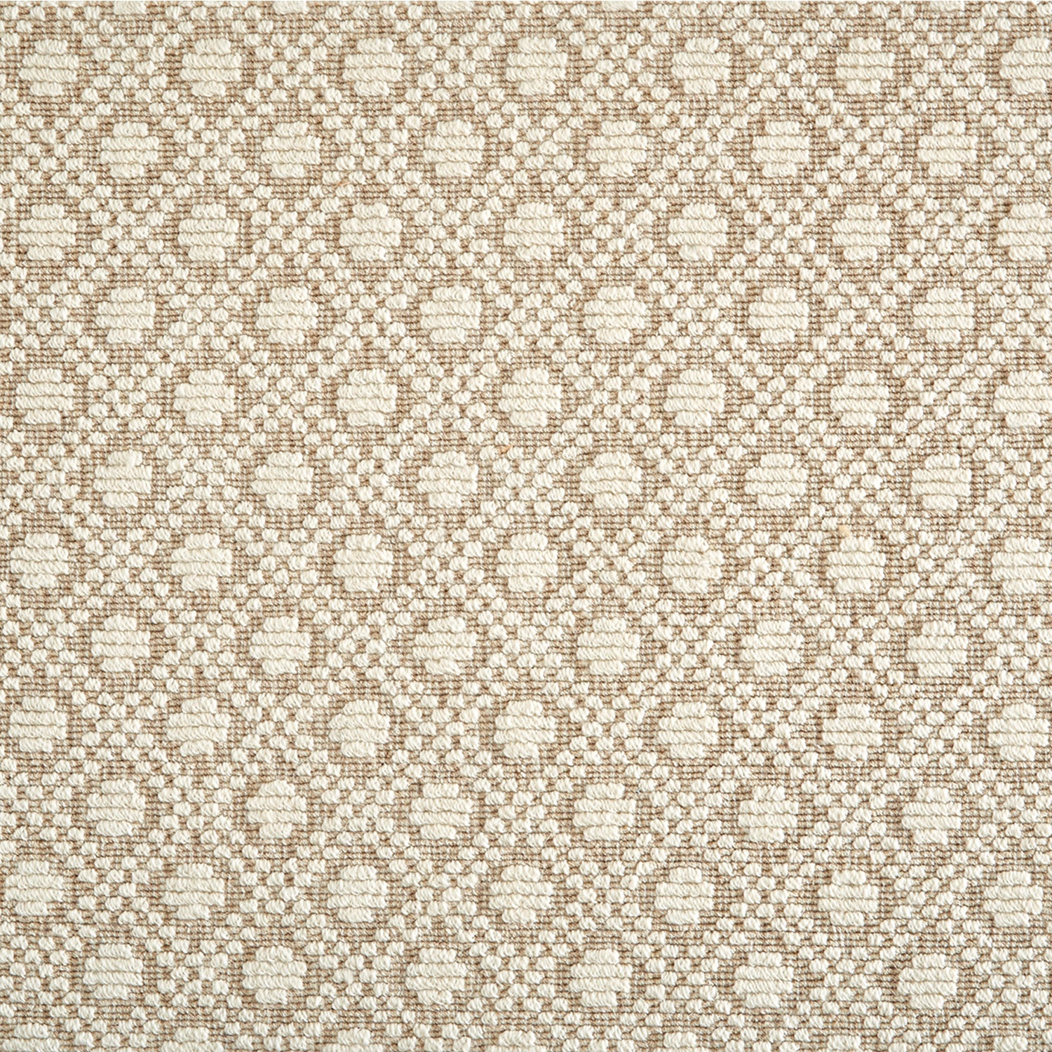 Wool-blend broadloom carpet swatch in a diamond weave in cream on a tan field.