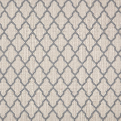 Wool-blend broadloom carpet swatch in a geometric lattice print in gray on a cream field.