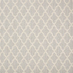 Wool-blend broadloom carpet swatch in a geometric lattice print in cream on a silver field.