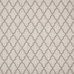 Wool-blend broadloom carpet swatch in a geometric lattice print in gray-brown on a cream field.