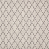 Wool-blend broadloom carpet swatch in a geometric lattice print in gray-brown on a cream field.